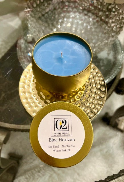 7oz metal tin shown above, glass containers also available in various sizes.